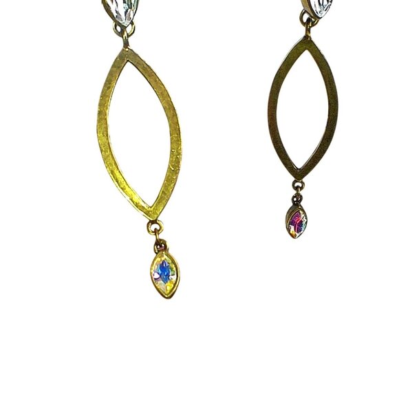 Avant Garde Paris Brass Leaf Dangle Earrings Aurora Borealis & Clear Crystals - Picture 5 of 7